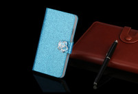 Луксозен кожен калъф тефтер стойка и клипс с камъни и брокат за CoolPad Porto E560 син с цвете